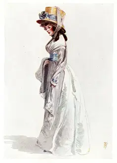 Eighteenth century lady in white dress and straw hat
