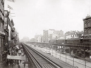 Houston Collection: El Train railroad New York, c. 1900 View in the Bowery, north of Houston Street