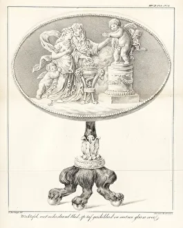 Cherub Prints: Elaborate work table with folding leaf, painted top and glass co