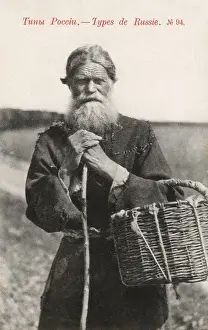 Countryfolk Prints: An elderly Russian peasant with basket and staff