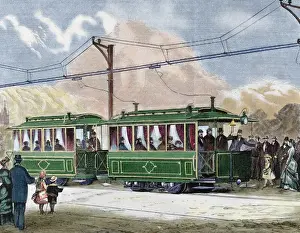 Passage Prints: Electric streetcar. Nineteenth-century colored engraving
