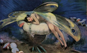 Elegant fairy asleep on a mushroom
