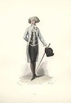 Directoire Prints: Elegant man in full wig, grey striped coat