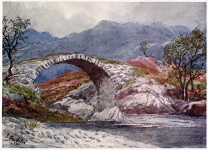 Elegant stone bridge on the river Minnick, Galloway, Scotland, attributed to oman engineers. Date: in 1908
