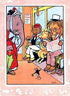 Elephant, bear, pig, lion and mouse on a tram