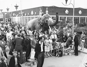 Elephants Prints: An elephant with holidaymakers at Butlins, Filey
