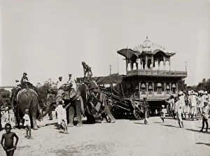Elephant pulling religious festival car, India, circa 1890