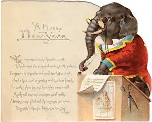 Tusks Prints: Elephant writing a greeting on a New Year card