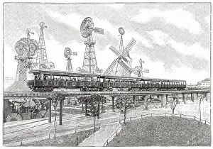 Columbian Prints: Elevated train to take visitors around the exhibition. Date: May - October 1893