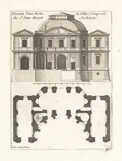 Blueprint Prints: Elevation and plan for a town gate by architect Jean Marot
