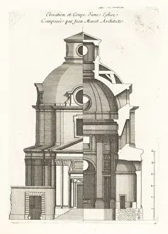 Blueprint Prints: Elevation and section of a church designed by architect Jean Mar