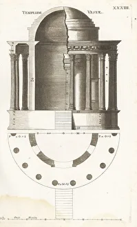 Johann Franck Prints: Elevation, section and plan of the Temple of Vesta