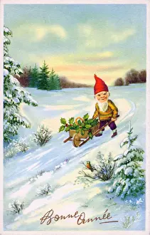 Elves Prints: Elf with wheelbarrow on a French New Year postcard