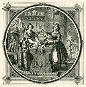 Images Dated 30th December 2016: Elizabethan servants polishing saucepans