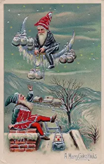 Elves Prints: Two elves delivering money on a Christmas postcard