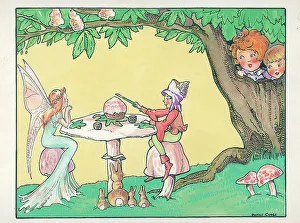 Elves Prints: Elves or fairies having tea and cake with rabbits