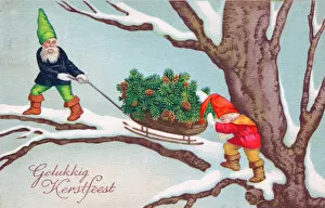 Elves Collection: Two elves with pine cones on a Dutch Christmas postcard