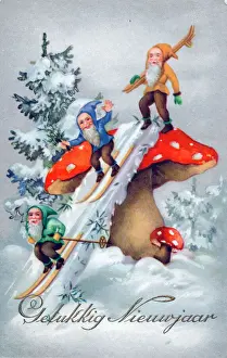 Toadstool Prints: Three elves skiing on a Dutch New Year postcard