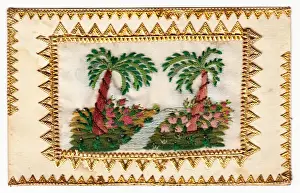 Sampler Prints: Embroidered palm trees with gold edging