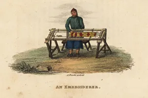Freschi Collection: Embroiderer working on two pieces of silk