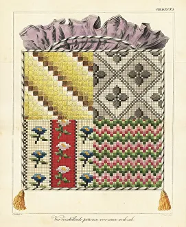 Four embroidery sampler patterns for a work basket, with frill a