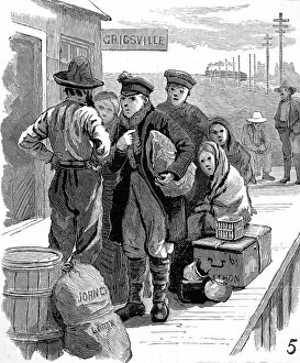 Emigrants arriving at a train station in the Mid-West of Ame