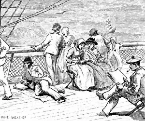 Emigrants enjoying fine weather on the deck of their ship, 1