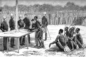 Garnet Prints: The end of the Zulu war. Zulu chiefs signing the peace stipu