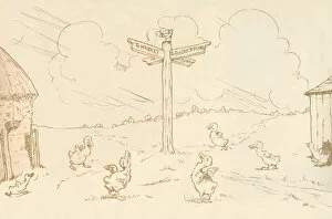 Endpaper illustration, goslings and signpost