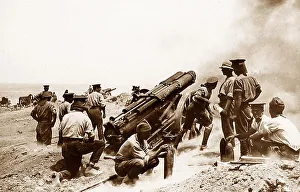 English artillery firing at a Turkish Fort during WW1