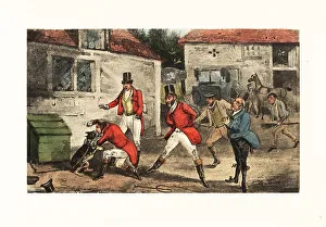 Violence Prints: English gentleman biting a dog and beating it while chained in a