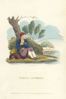 Angler Prints: English gentleman fishing on a river bank, Regency era