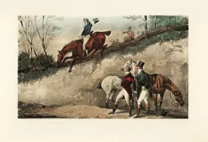 Nimrod Prints: English gentleman on horseback making a jump from a steep embank