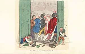 English gentleman with lady in a riot at the opera, Regency era