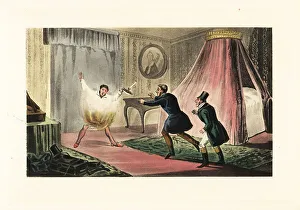 Mytton Prints: English gentleman lighting his nightshirt on fire with a candle