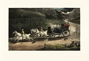 Lamplight Prints: English gentleman losing a pile of banknotes out his carriage wi