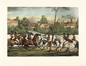 English gentleman rides his horse across a river during a fox hu