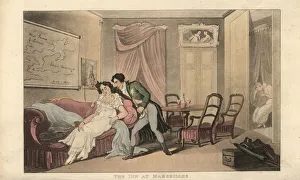 Ackermann Gallery: English gentleman and sleeping woman in a hotel room