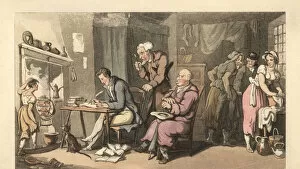 English gentleman writing a begging letter in a decrepit