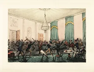 Gamblers Prints: English gentlemen gamblers rioting in a gambling hell
