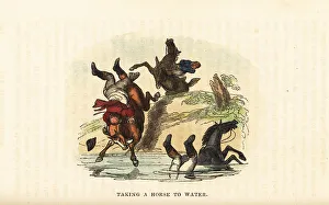 Rudolph Ackermann Prints: Two English gentlemen on horseback diving into a river