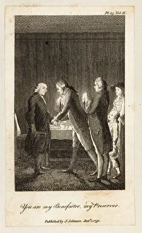 Tutor Prints: English gentlemen shaking hands in a dining room, 18th century