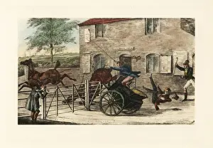 Nimrod Prints: English gentlemen in a two-horse gig trying to jump a toll gate