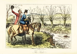 Somerville Collection: English huntsman and lady watching a fox swim across