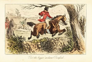 Widow Gallery: English huntsman making a dangerous jump over a stone