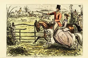 Sidesaddle Collection: English lady riding sidesaddle in a fox hunt, 19th century