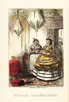 English lady surveying fancy room with covered chandeliers