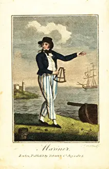 English mariner with sextant on a beach in