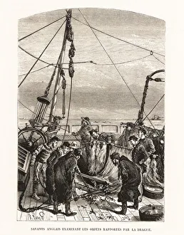English sailors examining objects dredged from the sea