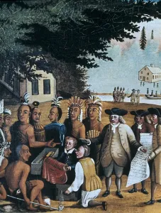 Dealing Prints: English settlers dealing with Indian people ( redskins )